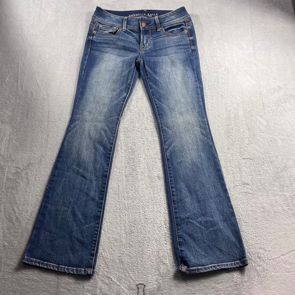 American Eagle Kick Boot Super Stretch Jeans Womens 2 Short Blue Denim Low Rise